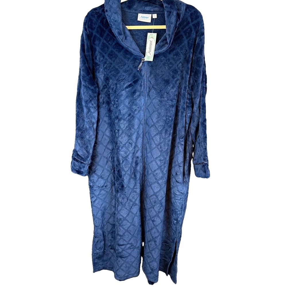 National Women's Blue Quilted Fleece Hooded Zip Front Robe Petite PXL